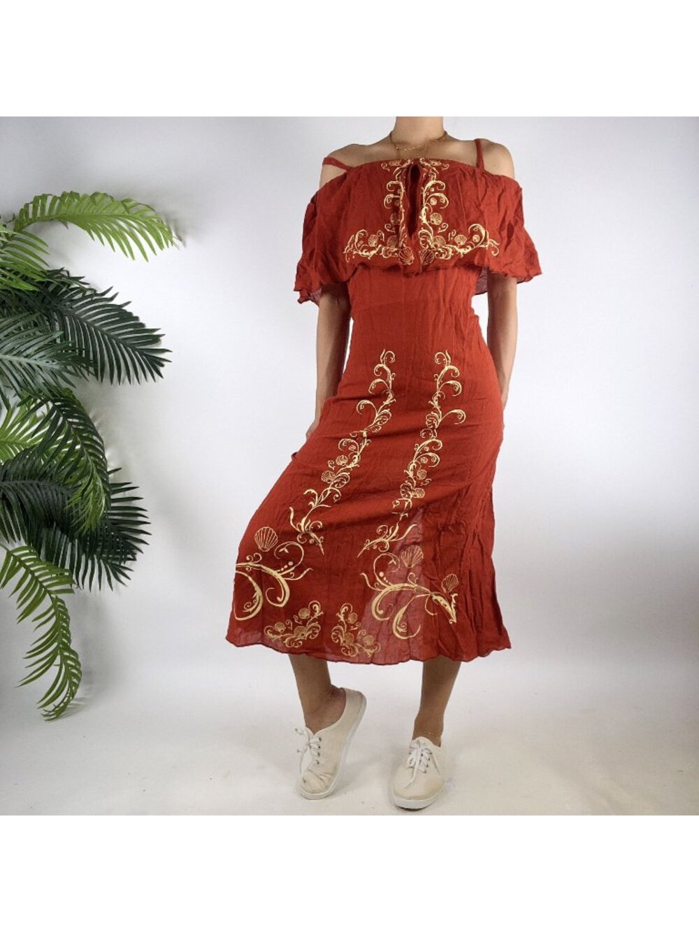 Vintage La Obra Rust Off Shoulder Bohemian Fairycore Midi Dress Womens / Medium